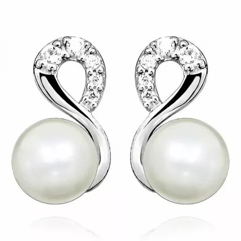 hvite perle ørestikker i sølv med rhodinering