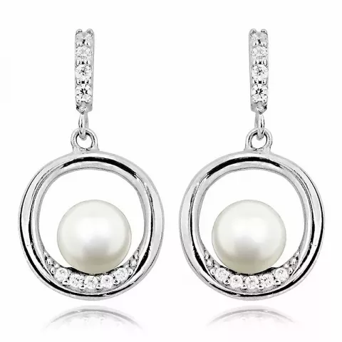 runde hvite perle øredobber i sølv med rhodinering