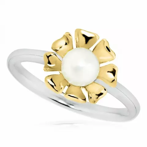 blomst hvit perle ring i rodinert sølv med forgylt sølv