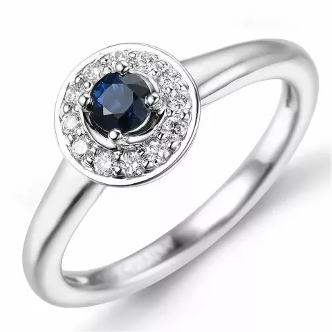 rund safir diamantring i 14 karat hvitt gull 0,30 ct 0,13 ct