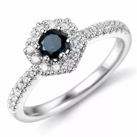 Safir diamantring i 14 karat hvitt gull 0,38 ct 0,27 ct