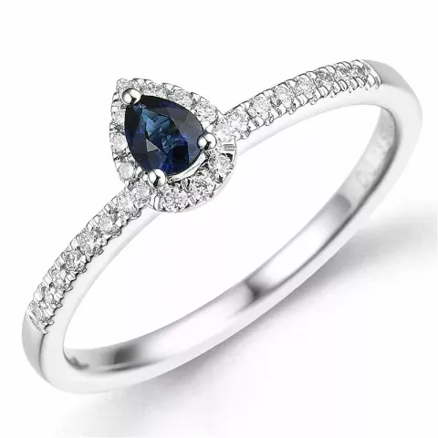 dråpe safir diamantring i 14 karat hvitt gull 0,22 ct 0,14 ct