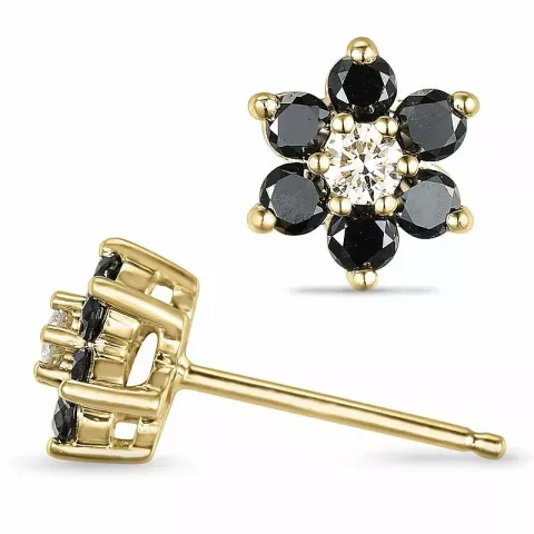 blomst svart diamant ørestikker i 14 karat gull med diamant og svart diamant 