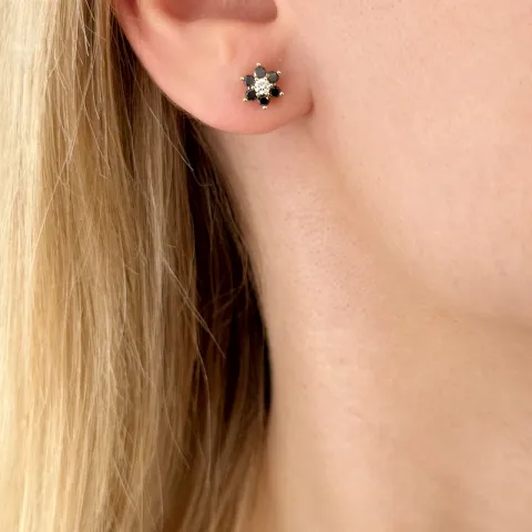 blomst svart diamant ørestikker i 14 karat gull med diamant og svart diamant