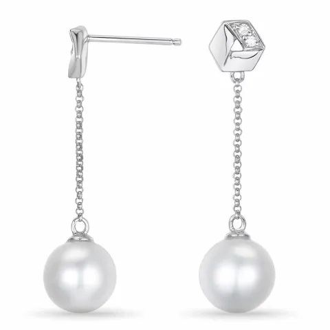 lange perle briljantøredobb i 14 karat hvitt gull med diamant 