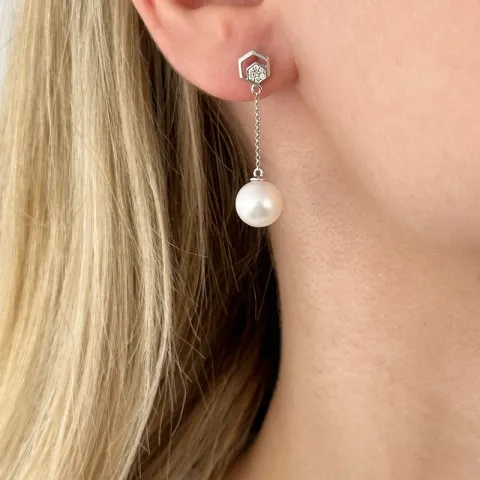 lange perle briljantøredobb i 14 karat hvitt gull med diamant 