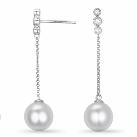 lange perle briljantøredobb i 14 karat hvitt gull med diamant 