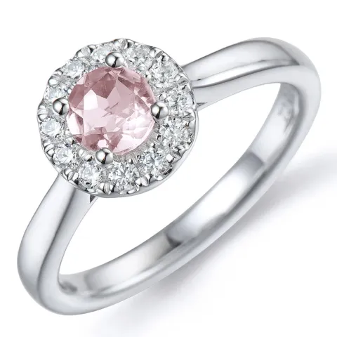 rund rosa kvarts diamantring i 14 karat hvitt gull 0,50 ct 0,22 ct