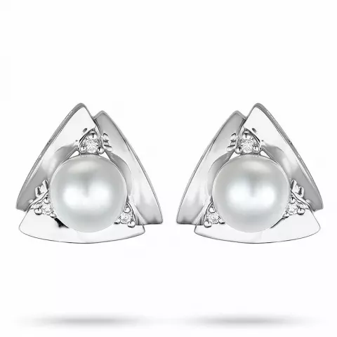 trekantet perle diamantøredobb i 14 karat hvitt gull med diamant 