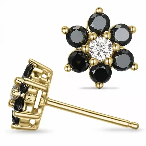 blomst svart diamant øredobber i 14 karat gull med diamant og svart diamant 