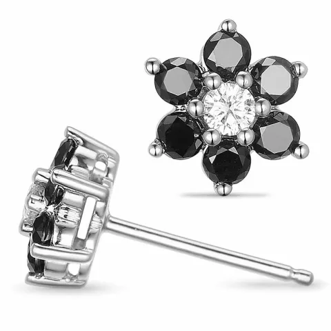 blomst svart diamant øredobber i 14 karat hvitt gull med diamant og svart diamant 