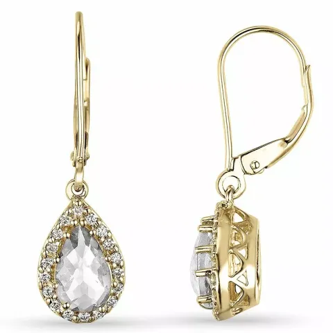 dråpe hvite kvarts diamantøredobb i 14 karat gull med diamant og kvarts