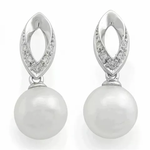 Perle diamantøredobb i 14 karat hvitt gull med diamanter 