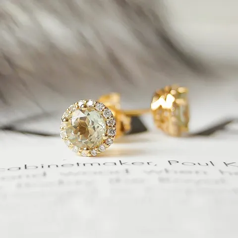 runde grønn ametyst diamantøredobb i 14 karat gull med diamant og ametyst