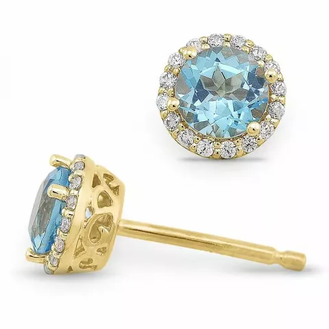 runde blå topas diamantøredobb i 14 karat gull med diamant og topas 