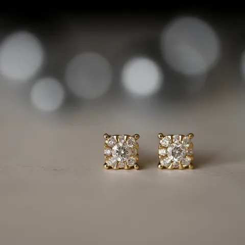 Firkantet diamantøredobb i 14 karat gull med diamant og diamant