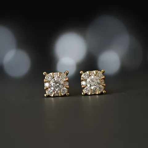 Firkantet diamantøredobb i 14 karat gull med diamant og diamant