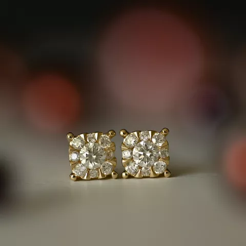 Firkantet diamantøredobb i 14 karat gull med diamant og diamant 