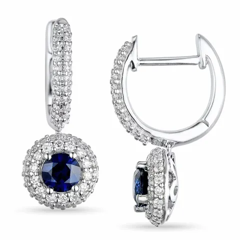 lange runde safir creol i 14 karat hvitt gull med safir og diamant