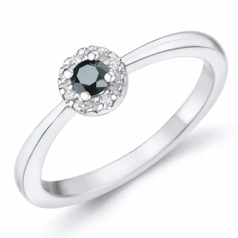 Elegant svart diamant briljantring i 14 karat hvitt gull 0,11 ct 0,02 ct