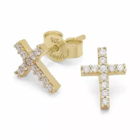 liten kors ørestikker i 9 karat gull med zirkon