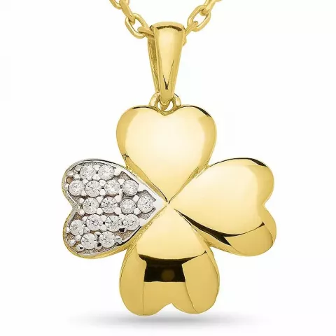 hjerte firkløver halskjede i forgylt sølv med hjerteanheng i 9 karat gull