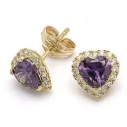 Hjerteøredobb i 9 karat gull med syntetiske ametyster og zirkoner