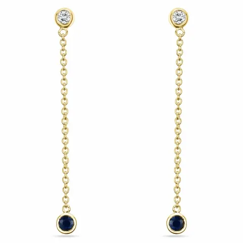lange safir briljantøredobb i 14 karat gull med diamant og safir