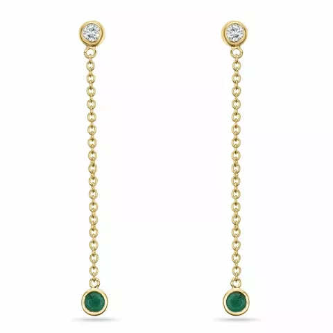 lange smaragd briljantøredobb i 14 karat gull med diamant og smaragd 