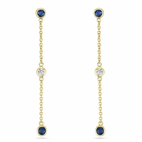 lange safir briljantøredobb i 14 karat gull med diamant og safir