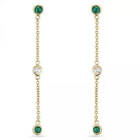 lange smaragd briljantøredobb i 14 karat gull med diamant og smaragd 
