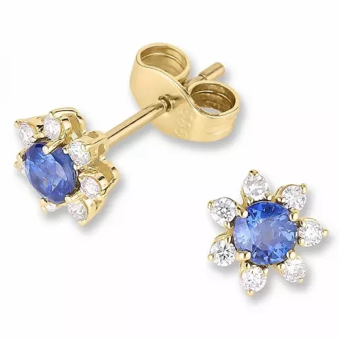 blomst blå safir diamantøredobb i 14 karat gull med diamant og safir 
