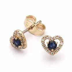 hjerte safir øredobber i 14 karat gull med diamant og safir
