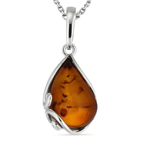 dråpe rav halskjede i sølv med anheng i sølv