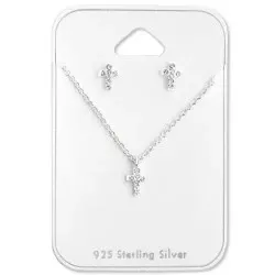 Kors krystall sett med øredobber og halskjeder i sølv