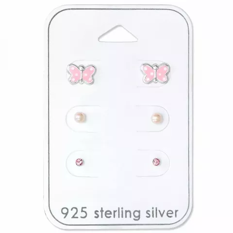 Sommerfugl rosa ørestikker i sølv