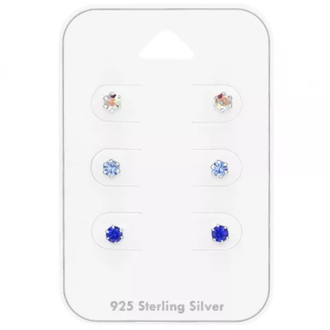 3 mm blå krystall ørestikker i sølv