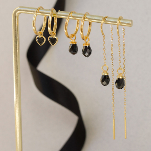 12 mm svart zirkon creol i forgylt sølv - Loom Stones