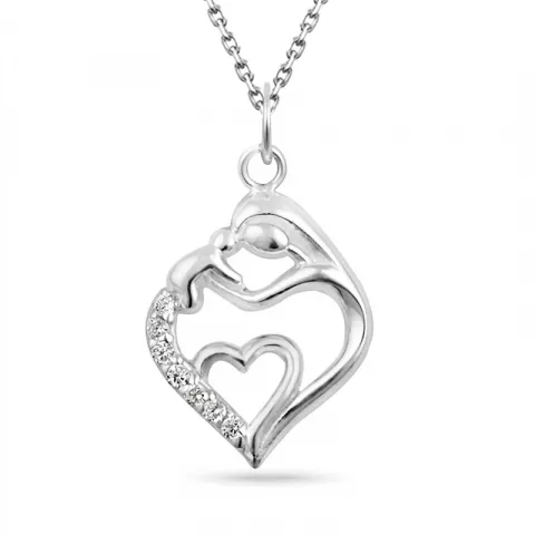 hjerte mor og barn zirkon halskjede i sølv med anheng i sølv