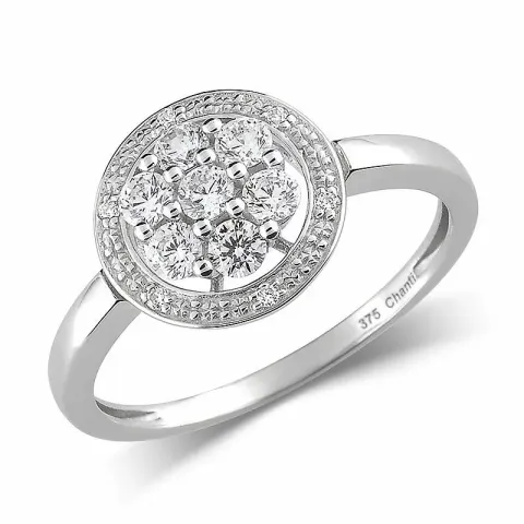 Stor rund zirkon ring i 9 karat hvitt gull