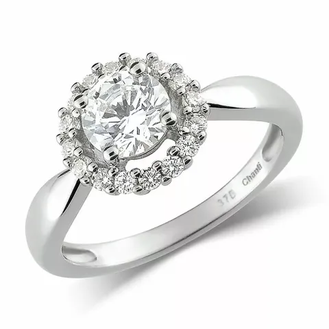 Elegant rund zirkon ring i 9 karat hvitt gull