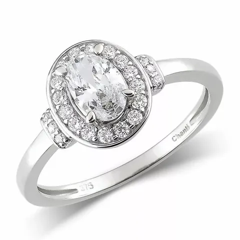 oval zirkon ring i 9 karat hvitt gull