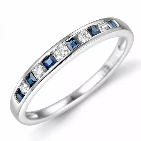 blå safir diamantring i 14 karat hvitt gull 0,11 ct 0,26 ct