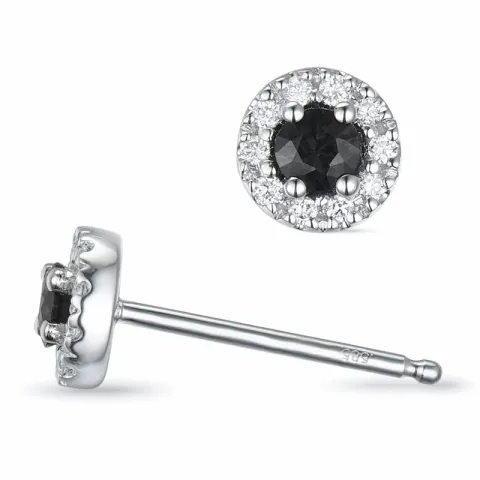 runde svart diamant ørestikker i 14 karat hvitt gull med diamant og svart diamant
