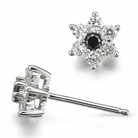 blomst diamant ørestikker i 14 karat hvitt gull med diamant og svart diamant
