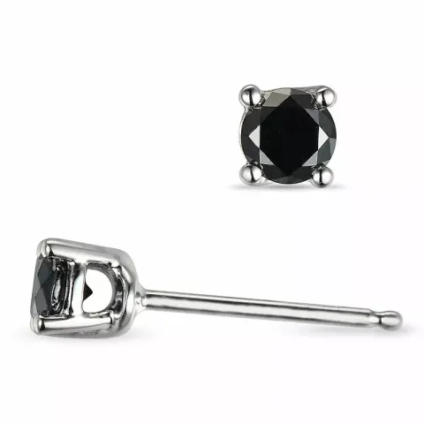 runde svart diamant solitaireørepynt i 14 karat hvitt gull med svart diamant