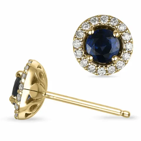 runde safir ørestikker i 14 karat gull med diamant og safir