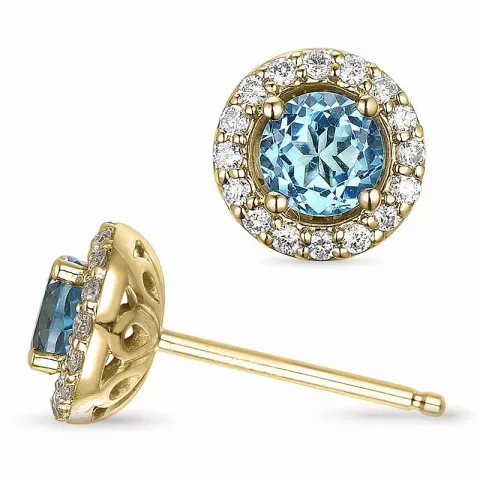 runde blå topas ørestikker i 14 karat gull med diamant og topas 