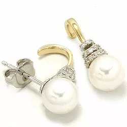 Perle ørestikker i 14 karat gull og hvitt gull med diamanter 