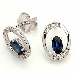 ovale safir ørestikker i 14 karat hvitt gull med diamant og safir